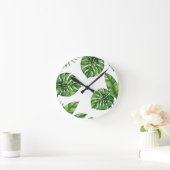 Tropical Monstera Leaves Seamless Pattern Green Runde Wanduhr (Zuhause)