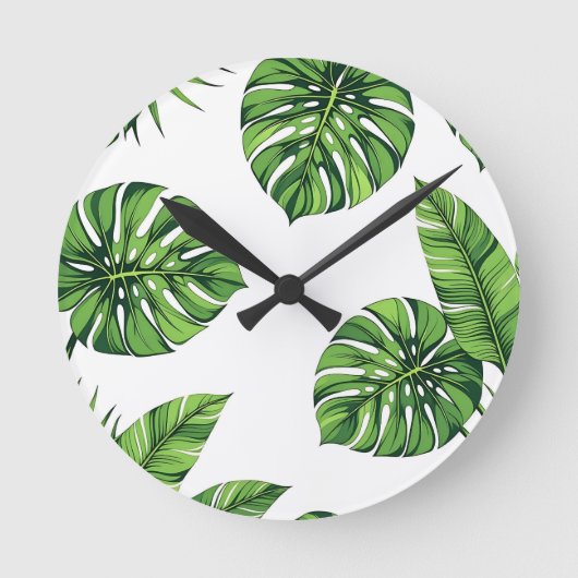 Tropical Monstera Leaves Seamless Pattern Green Runde Wanduhr (Vorderseite)