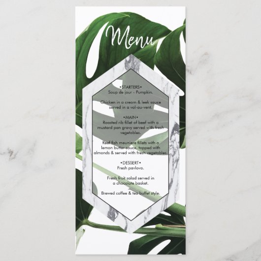 Tropical Monstera Marble Wedding Menükarte (Vorderseite)