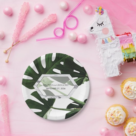 Tropical Monstera Marble Wedding Pappteller (Party)