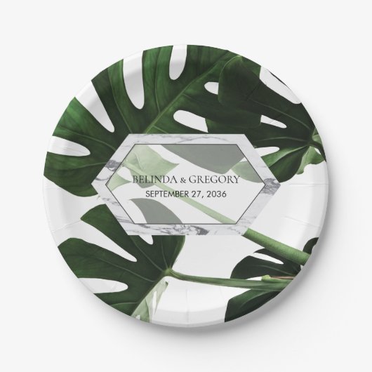 Tropical Monstera Marble Wedding Pappteller (Vorderseite)