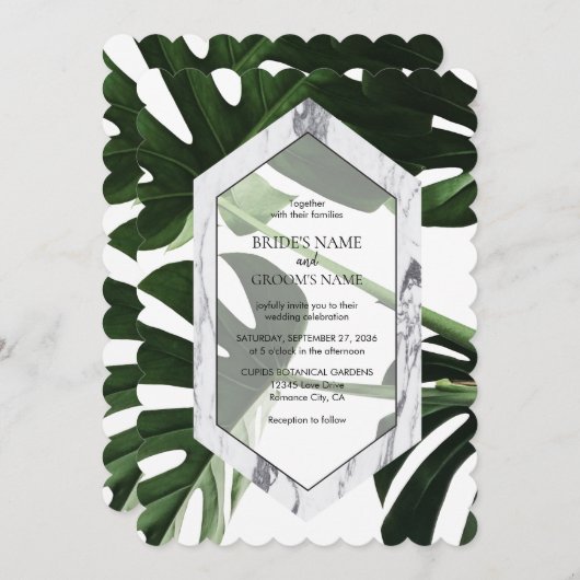 Tropical Monstera Marmor Hochzeitseinladungen Einladung (Vorne/Hinten)