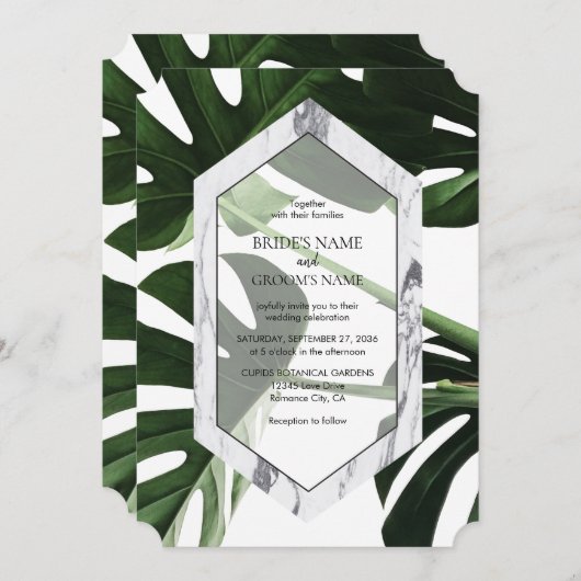 Tropical Monstera Marmor Hochzeitseinladungen Einladung (Vorne/Hinten)