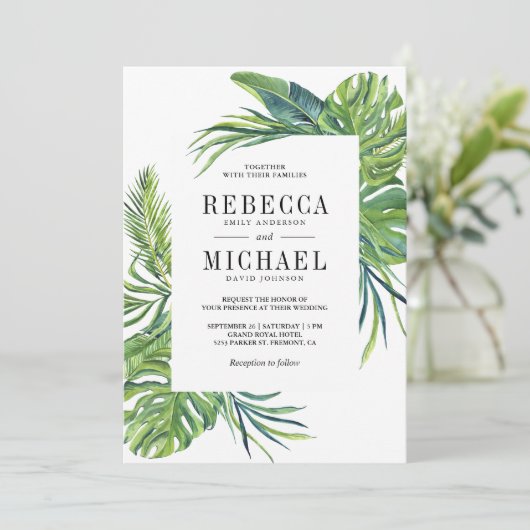 Tropical Monstera Palm All in One Wedding Einladung (Stehend Vorderseite)