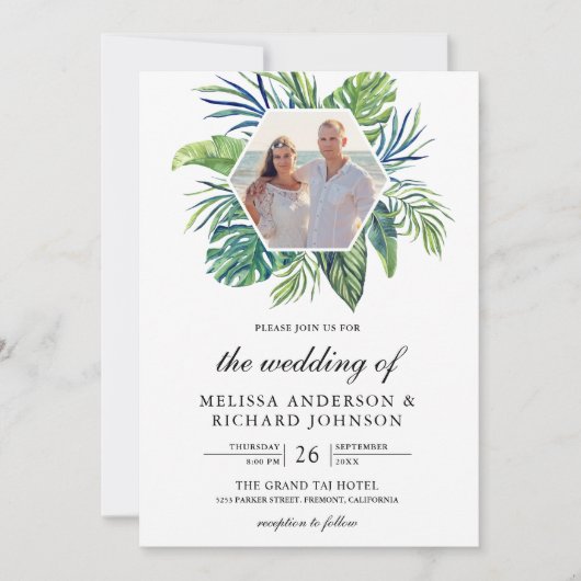 Tropical Monstera Palm Blätter All in One Wedding Einladung (Vorderseite)
