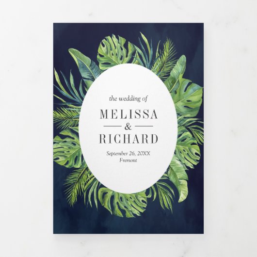 Tropical Monstera Palm Blätter Navy Blue Wedding Dreifach Gefaltete Einladung (Cover)