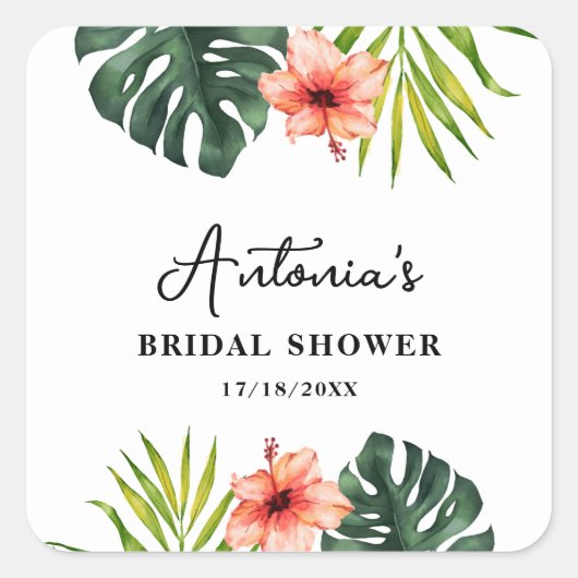 Tropical Monstera Palm Bridal Shower  Quadratischer Aufkleber (Vorderseite)