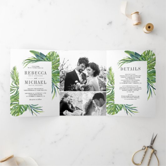 Tropical Monstera Palm Foto Collage Hochzeit Dreifach Gefaltete Einladung (Innenseite)