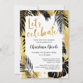 Tropical Monstera Palm Gold Black Feiern Einladung (Vorderseite)