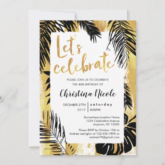 Tropical Monstera Palm Gold Black Feiern Einladung (Vorderseite)
