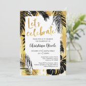 Tropical Monstera Palm Gold Black Feiern Einladung (Stehend Vorderseite)