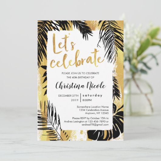 Tropical Monstera Palm Gold Black Feiern Einladung (Stehend Vorderseite)