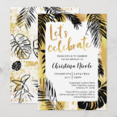 Tropical Monstera Palm Gold Black Feiern Einladung (Vorne/Hinten)