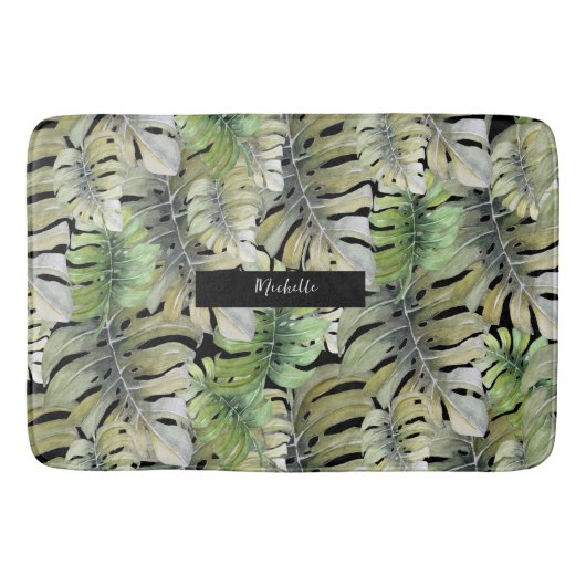 Tropical Monstera Palm Pastel Mit Monogramm Badematte (Vorderseite)