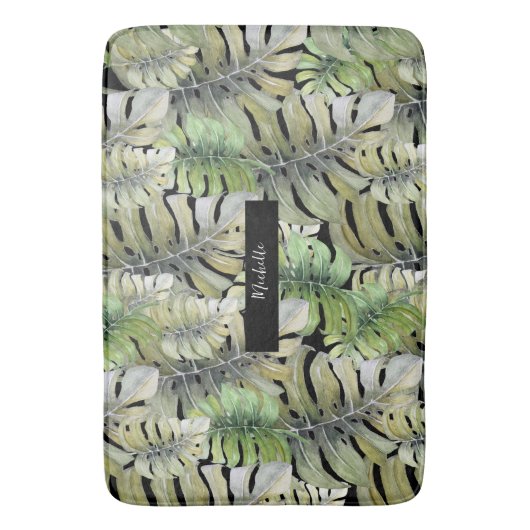 Tropical Monstera Palm Pastel Mit Monogramm Badematte (Vorderseite Vertikal)