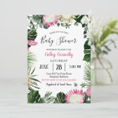 Tropical Monstera Protea Blume Pink Baby Dusche Einladung (Stehend Vorderseite)