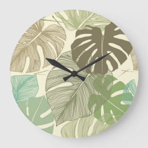 Tropical Monstera Retro HandGezeichnet Muster Große Wanduhr