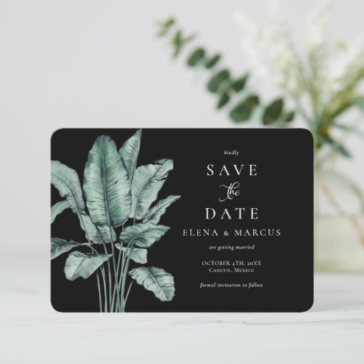 Tropical Monstera Save the Date (Stehend Vorderseite)