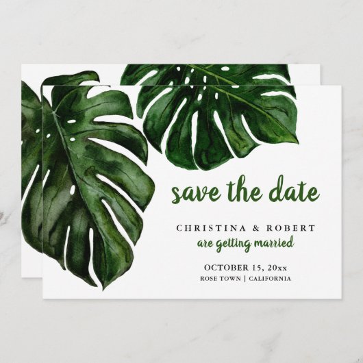 Tropical Monstera Wasserfarbe Grün Save the Date Einladung (Vorne/Hinten)