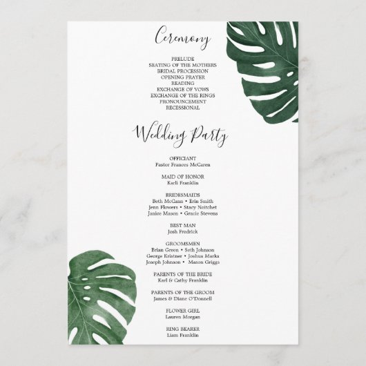 Tropical Monstera Wedding Program Programm (Rückseite)
