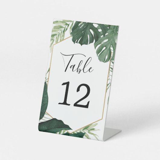 Tropical Monstera Wedding Tischnummern Sockelschild (Vorderseite)