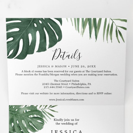 Tropical Monstera Wedding Tri-Fold Einladungen (Innen Erste Seite)