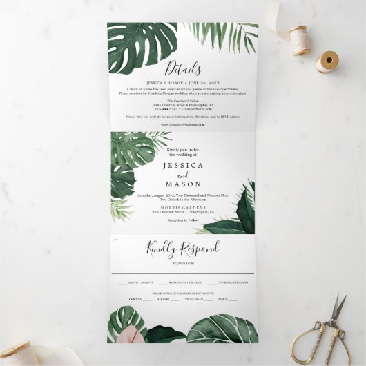 Tropical Monstera Wedding Tri-Fold Einladungen (Innenseite)