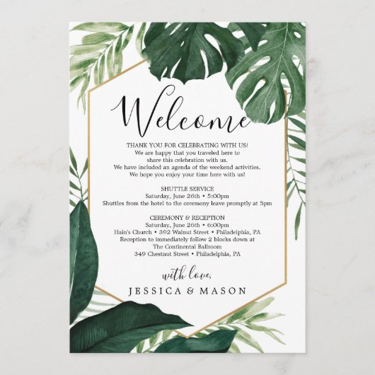 Tropical Monstera Wedding Willkommensbrief Programm (Vorderseite)