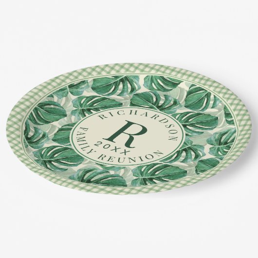 Tropical Monstera Wiedersehen Mit Monogramm Pappteller (Schrägansicht)