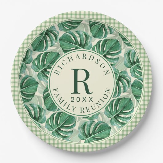 Tropical Monstera Wiedersehen Mit Monogramm Pappteller (Vorderseite)