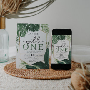 Tropical Monstera Wild One First Birthday Invite Einladung