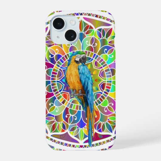 Tropical Mosaic – Blue & Gold Macaw Mandala iPhone 15 Hülle (Rückseite)