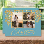 Tropical Multi Foto Collage Weihnachten<br><div class="desc">Drei Fotos mit Imitaten Glitzer-Palmen-Fronten auf einem Aquabacken (siehe mehr Farben in unserem Geschäft),  diese Weihnachtsfotos Weihnachten-Karten haben Ihre Namen am unteren Rand in schicken Schriften. Wählen Sie Matte für schwerstes Papier und High Definition für beste Auflösung für Foto. ***ONE FOTO Design ist für Sie in unserem Shop erledigt.</div>