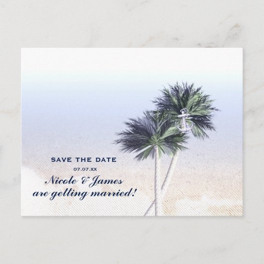 Tropical Nautical Beach & Palm Trees Save the Date Ankündigungspostkarte (Vorderseite)