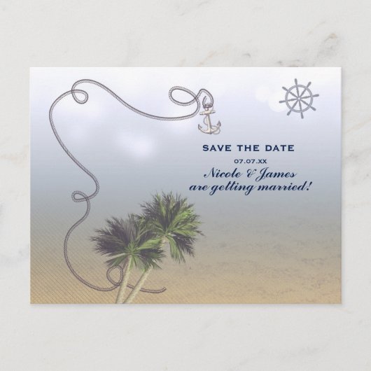 Tropical Nautical Beach & Palm Trees Save the Date Ankündigungspostkarte (Vorderseite)