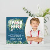 Tropical Navy Blue Flamingo Birthday Foto Dankeskarte (Stehend Vorderseite)