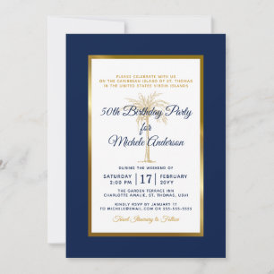 Tropical Navy Blue Gold Palm Tree Geburtstagsparty Einladung