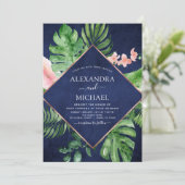 Tropical Navy Blue Watercolor Geometric Wedding Einladung (Stehend Vorderseite)
