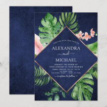 Tropical Navy Blue Watercolor Geometric Wedding