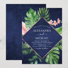 Tropical Navy Blue Watercolor Geometric Wedding Einladung