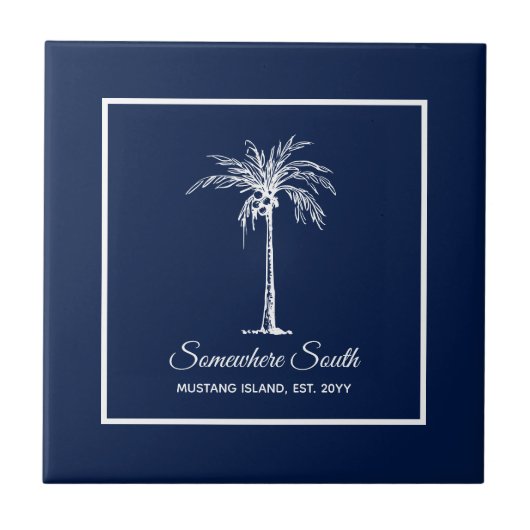 Tropical Navy Blue White Palm Tree Personalisiert Fliese (Vorderseite)