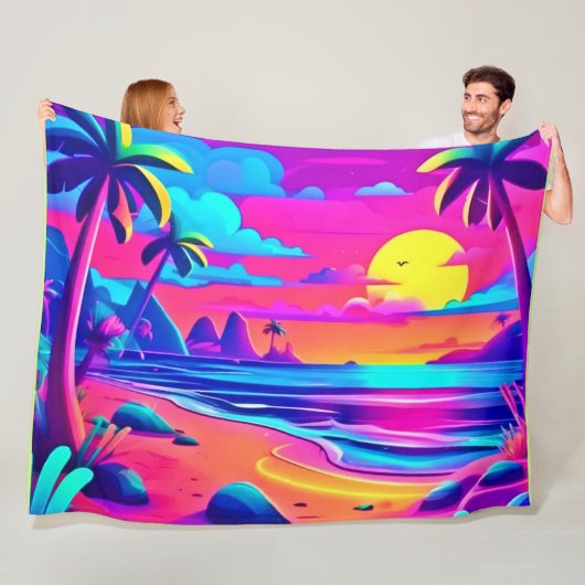 Tropical Neon Beach Sunset Art Fleecedecke (Beispiel)