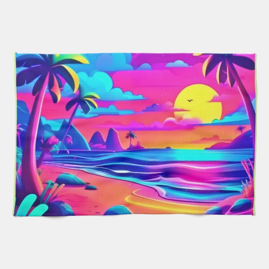 Tropical Neon Beach Sunset Art Geschirrtuch (Horizontal)