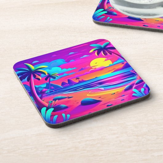 Tropical Neon Beach Sunset Art Getränkeuntersetzer (Linke Seite)
