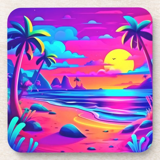 Tropical Neon Beach Sunset Art Getränkeuntersetzer (Vorderseite)