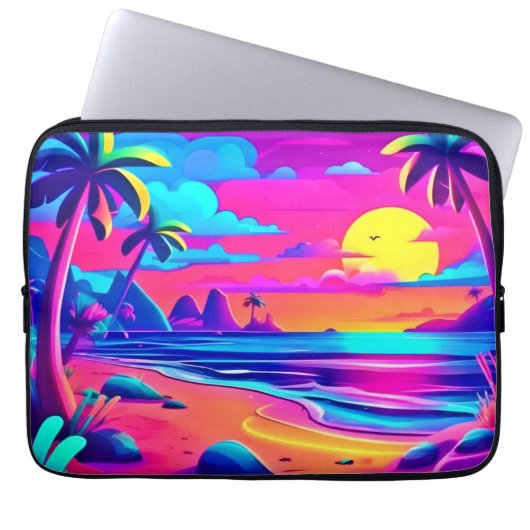 Tropical Neon Beach Sunset Art Laptopschutzhülle (Vorderseite)