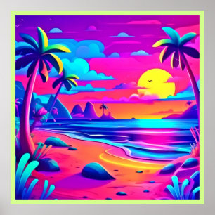 Tropical Neon Beach Sunset Art Poster