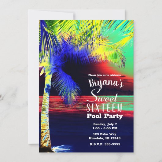 Tropical Neon Color Beach Palm Sweet 16 Einladung (Vorderseite)