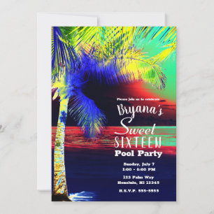 Tropical Neon Color Beach Palm Sweet 16 Einladung