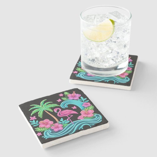 Tropical Neon Flamingo Steinuntersetzer (Seitenansicht)